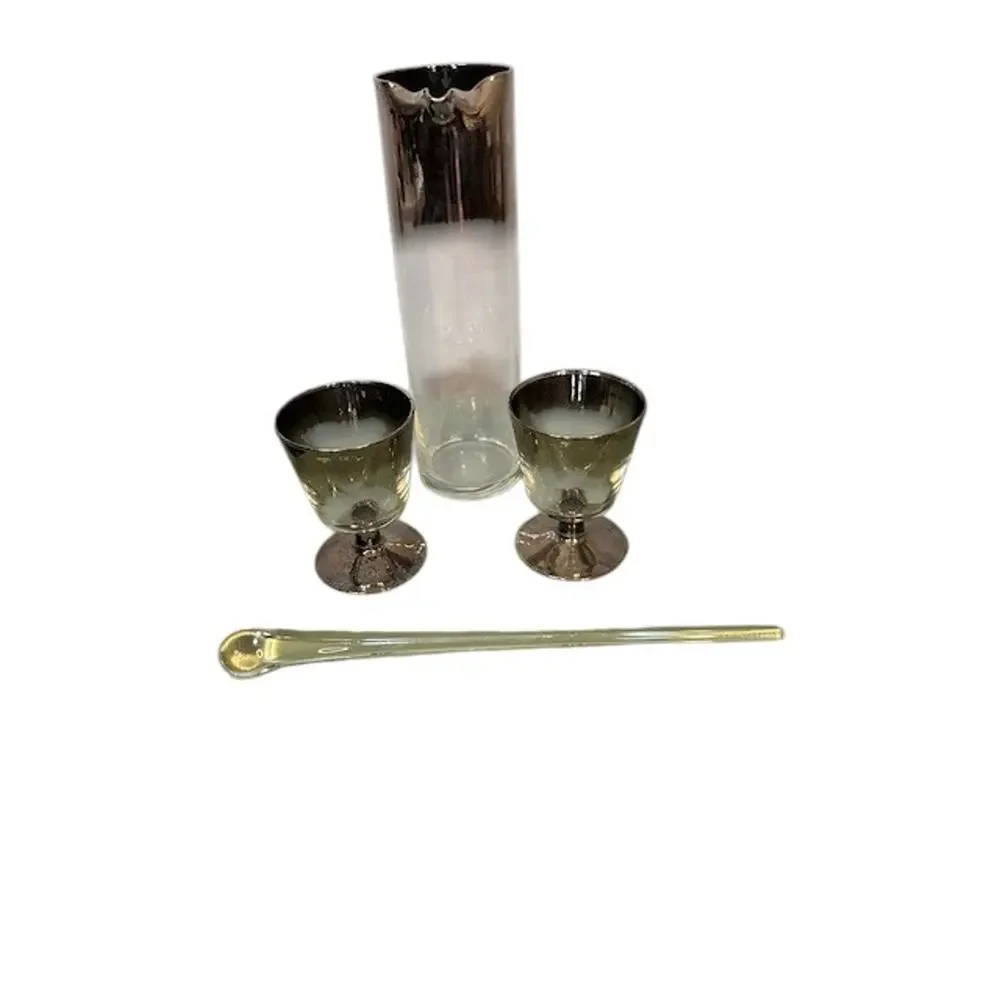 Martini Glassware Set Clear Black Stir Rod Pitcher 2 Glasses VTG Collectible